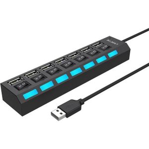 Multi Port USB Splitter, 7 Port USB 2.0 Hub, USB A Port Data Hub with Independent On/Off Switch and LED Indicators, Lights for Laptop, PC, Computer, Mobile HDD, Flash Drive and More (Black 2.0)