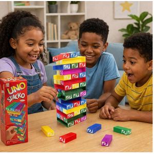 Colorful Block Stacking Game That Combines UNO Rules with Jenga-Style Fun for Kids, Families, and Game Nights Everywhere