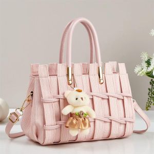 Charming Textured Woven Satchel with Teddy Bear Charm