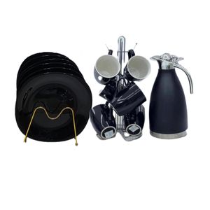 Ceramic 13pcs Quality Dinner Set, Breakfast Set, 6Pcs Black Square Plates, 6pcs Black Mugs And 2L Black Unbreakable Flask , All Black 