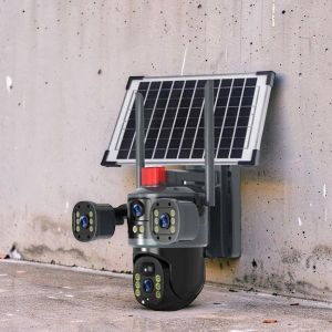 Remote Control And Monitoring 20MP 4K Ultra HD Resolution 4G PTZ Rotating Triple Lens Three Screens Outdoor Security Solar Camera
