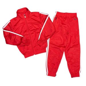 A red tracksuit with two white stripes in sizes 26 to 38