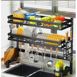 Double Over Sink Rack – Adjustable Kitchen Dish Drying Organizer, Stainless Steel Two-Tier Storage Shelf for Plates, Cups, Cutlery, and Sponges, Space Saving Over Sink Dish Drainer