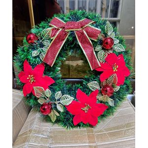 40CM Christmas Wreath for Front Door or Window with Pine Artificial Garland, Decorative Red Balls, Red Bow and Flowers, Festive Holiday Home Door Hanging Decor