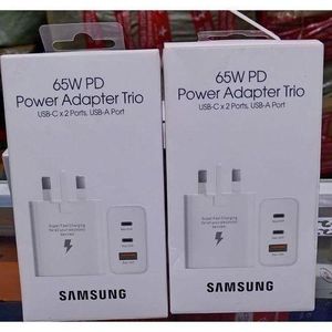 Samsung  3-in-1 Super Fast Charger Adapter 65W / 25W / 15W – USB-C & USB-A Ports for Laptops, Smartphones, Tablets – High-Speed Universal Power Adapter- white