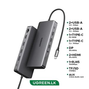 Ugreen CM681 13-in-1 USB-C Docking Station – Dual HDMI (8K@30Hz & 4K@60Hz), DisplayPort 4K@60Hz, USB 3.2 Gen 2, Gigabit Ethernet, SD/TF Card Reader, 100W PD Fast Charging