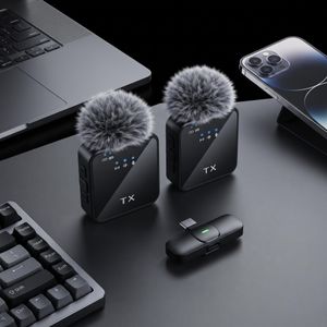 F15-2 Dual Wireless Microphone 3-in-1 Type-C & B Lightning Lapel Mic for iPhone Android YouTube Instagram Tiktok Outdoor Vlogging Fluffy Deadcat Windscreens