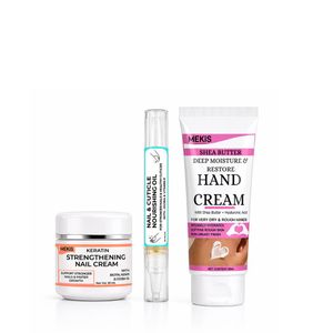 Mekis Shea Butter Hand Cream + Keratin Nail Strengthening Cream + Nourishing Oil Pen  - Repair, Strengthen, and Deeply nourish your hands, nails, and cuticles
