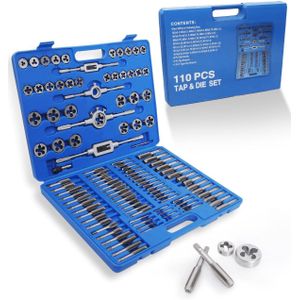 Heavy duty Tap and Die Set, 110-Piece Include Metric Size M2 to M18, Bearing Steel Taps and Dies, Essential Threading Tool for Cutting External Internal Threads, with Complete Accessories and Storage Case