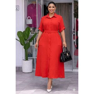 Red Yoppy Pure Linen Collar buttoned Plain Solid Maxi Sunny dress. 