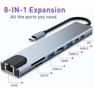 8-in-1 Type-C Expansion Dock, USB Multi-Hub, Type-C to HDMI Network Card Converter