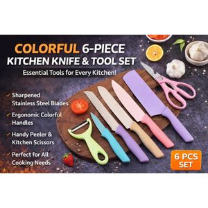 6-Piece Colorful Kitchen Knife & Tool Set with Peeler and Scissors plus free Gift