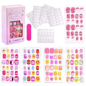 120/24pcs/box Kids Cartoon Pattern Wearing Fake Nails With 5pcs