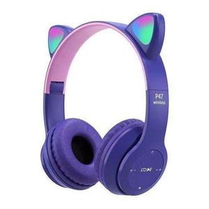 1pc Bluetooth Headset Cartoon Luminous Cat Ears Stereo Headset in Purple Color, Wireless Headphones with LED Lights