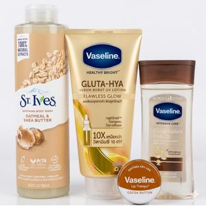 St Ives 4 in 1 SPECIAL PACKAGE!!! Oatmeal & Shea butter Body wash +  Gluta-Hya Flawless Glow Lotion + Body Oil + Cocoa Butter Lip Therapy