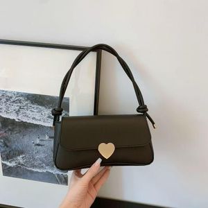 Heart-Clasp Baguette Shoulder Bag- Black