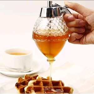  No-Drip Honey Dispenser - Diamond Shaped Glass Jar with Chrome Stand - Easy Press Trigger Syrup Caddy - Elegant Kitchen Condiment Pot 