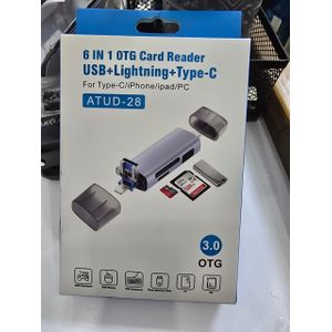 6 in 1 OTG Card Reader – Multi-Device Support for iPhone, iPad, PC, and Laptops with USB, Lightning, and Type-C Ports