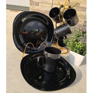 12PC All Black Dinner Set – 6 Plates & 6 Mugs, Elegant Ceramic Tableware