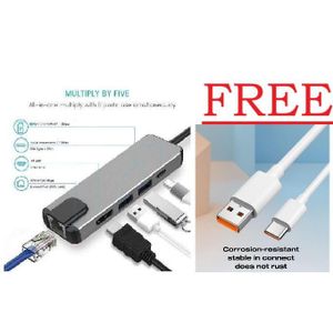 USB Type-C 5-in-1 Hub - 2x USB 3.0, HDMI, Ethernet, +FREE SUPER FAST TYPE C USB CABLE