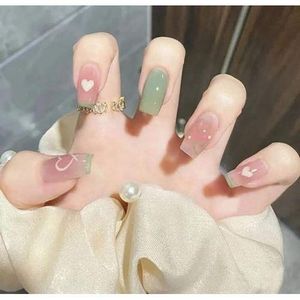 False Nail Green and white cute press on nails