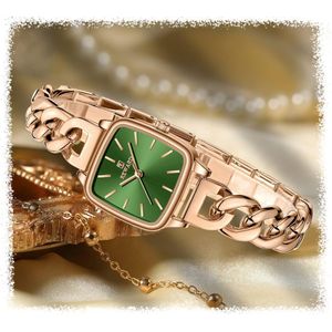 REWARD Luxury RD22062L Women's Square Watch Rose Gold Chain Link Bracelet with Emerald Green Dial Diamond-Accented Quartz Timepiece Elegant Fashion Accessory
