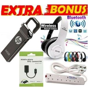 HP Flash Drive 64GB - USB 2.0 - High Speed Flash Disk With OTG Cable+ Bluetooth Headphones , 4 Way Power Extension