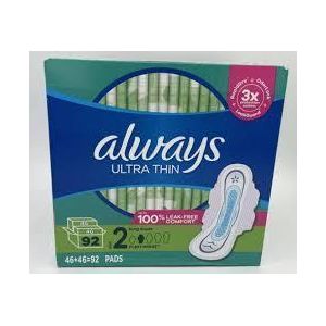 Always Ultra Thin Pads Size 2 Super Long Absorbency Unscented with Wings (92 ct)