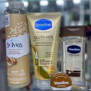 Vaseline 4 in 1 Special Package - Gluta-Hya Flawless Glow Lotion + Body Oil + Cocoa Butter Lip Therapy + Oatmeal and Shea Butter Body Wash - Complete Skincare Bundle Nairobi
