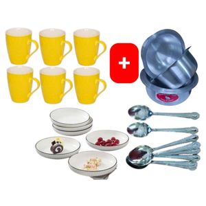 Sundabest Beautiful Classic Yellow Ceramic Coffee/Tea Mug / Cups 6pc Set + FREE 4PCS Stainless Aluminum Sufuria Set, 12pc Table Spoons & 6pc Ceramic  Dinner Plates