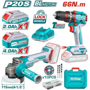 TOTAL 20V Cordless 2-Piece Combo Kit – Brushless Impact Drill 66Nm & Angle Grinder 115mm, 1000W +47 Accessories, 10 Cutting Discs, 2×4.0Ah Batteries & Charger –for Drilling, Grinding & Cutting