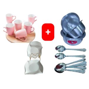 Beautiful Classic Pink Ceramic Coffee/Tea Mug / Cups 6pc Set + FREE 4PCS Stainless Aluminum Sufuria Set, 12pc Table Spoons & 6pc Melamine Dinner Plates