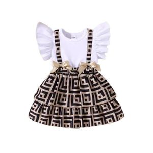 Girls  round neck ruffled sleeve bow stitching dress COLOR WHITE