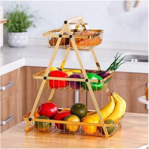 3 Tier Multipurpose Countertop Fruit Rack – Gold Metallic Kitchen Organizer & Storage Stand