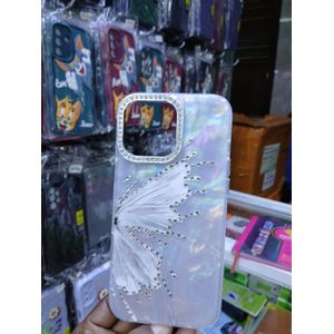 Luxury Marble Butterfly Rhinestone Glitter Case for iPhone 14 Pro Max – Modern Executive Clear Silicone Protective Cover – White Edition
