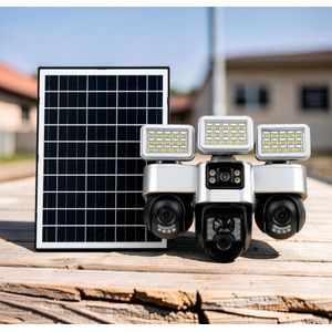 Crystal Clear Footage Night Vision Alarm Lights Waterproof Design 4G Triple Lens Solar Camera with Solar Flood Lights 