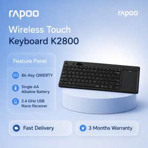  Wireless Touch Keyboard K2800, Integrated Multi-Touch Pad, 2.4 GHz USB Nano Receiver, Sealed Anti-Oxidation Membrane, 86-Key US QWERTY, One Standard AA Alkaline Battery, 9 months Battery Life