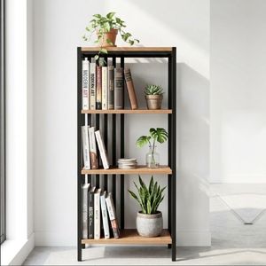 Modern Wooden Bookshelf – Black Wooden Frame, Slats & Mahogany 4-tier for Books and plants 120x40x20cm