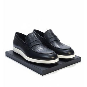 Berluti Men's Premium Black Leather Loafers with Crocodile-Embossed Detail and White Sole