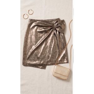 Metallic Gold Textured High-Waist Mini Skirt with Side Bow Detail - Crinkle Foil Finish Wrap Skirt Thrifted
