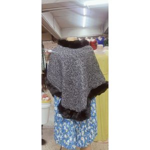 Velvet Warm Pullover Winter Faux Fur Women Capes, Poncho O Neck -OFF BLACK COLOUR