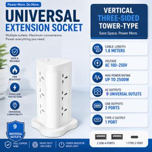 9-Way Universal Extension Vertical Three-Sided Tower-Type Socket with 2 USB & Type-C Port Heavy-Duty 1.8-Meters Power Strip - EX22-T White