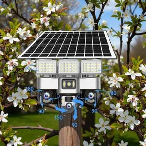 Colored Night Vision Smart 12MP 4G PTZ Rotating Triple Lens Two In One V380 Pro 12MP 4G Sim card PTZ Rotating Three Triple Lens screens Outdoor Security Solar CCTV Camera with High Brightness Led Solar Flood Light 