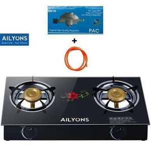 AILYONS Table Top Double Burner Glass Gas Stove+FREE GIFT 6KG REGULATOR PIPE 1.5M