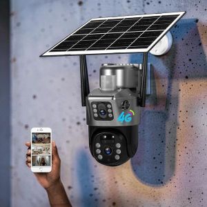 Weatherproof Housing Pir Sensor Alarm Flashing Alarm Warning Lights Remote Pan And Tilt Control V380 Pro App 12MP 4G PTZ Rotating Dual Lens Full-Color 24/7 Colored Night Vision Outdoor Security Solar Camera