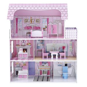 Kids Wooden Doll House with Furniture – Strong & Safe Toy