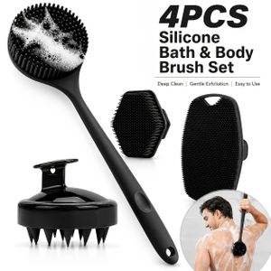 4-piece shower brush set for back, face, body, and scalp massage. Soft bristles effectively cleanse skin and remove dead skin. Non-slip handle for deep cleansing.