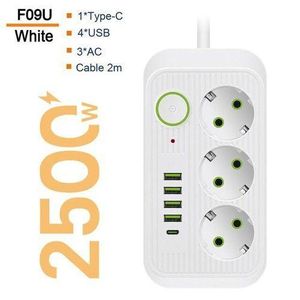 3-hole surge protection power strip, 2m extension cable, 4 USB ports, 1 Type-C port, European standard 