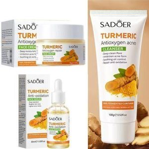 SADOER  Turmeric 3 In 1 Set, Turmeric Anti Acne Cleanser + Turmeric Face Serum + Tumeric Cream