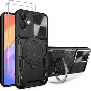 Military-Grade Rotating Ring Stand Case for Samsung A06 4G – Shockproof Dual-Layer Cover with Sliding Camera Protector (Black)